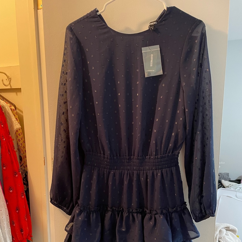 Express navy blue ruffle mini dress NWT